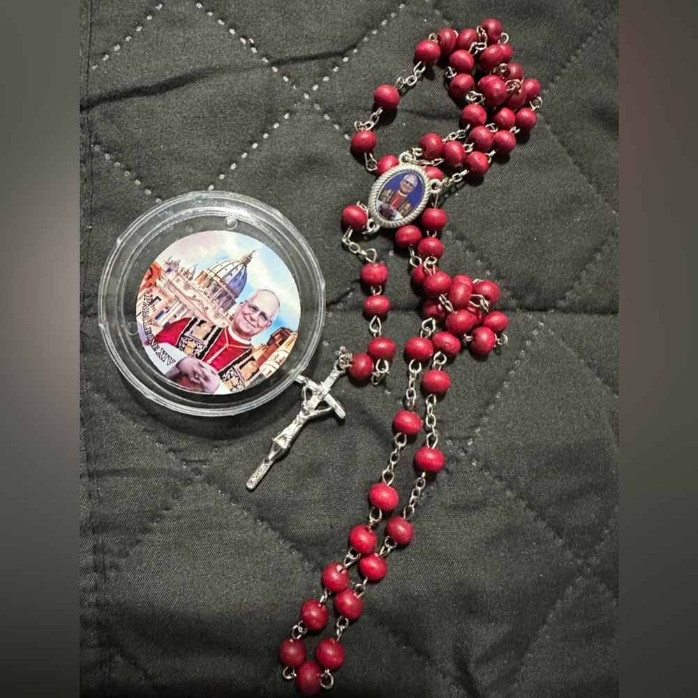 Red Bead Rosary with Crucifix PaPa leon XIV